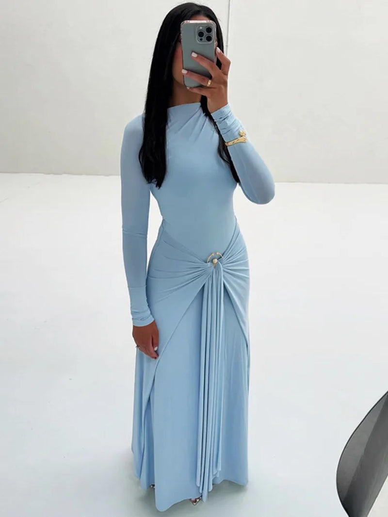 Elegant Long Sleeve Ruched Sexy Maxi Dress Women Gown Autumn Fashion Draped Bodycon Long Dresses Female Clothing