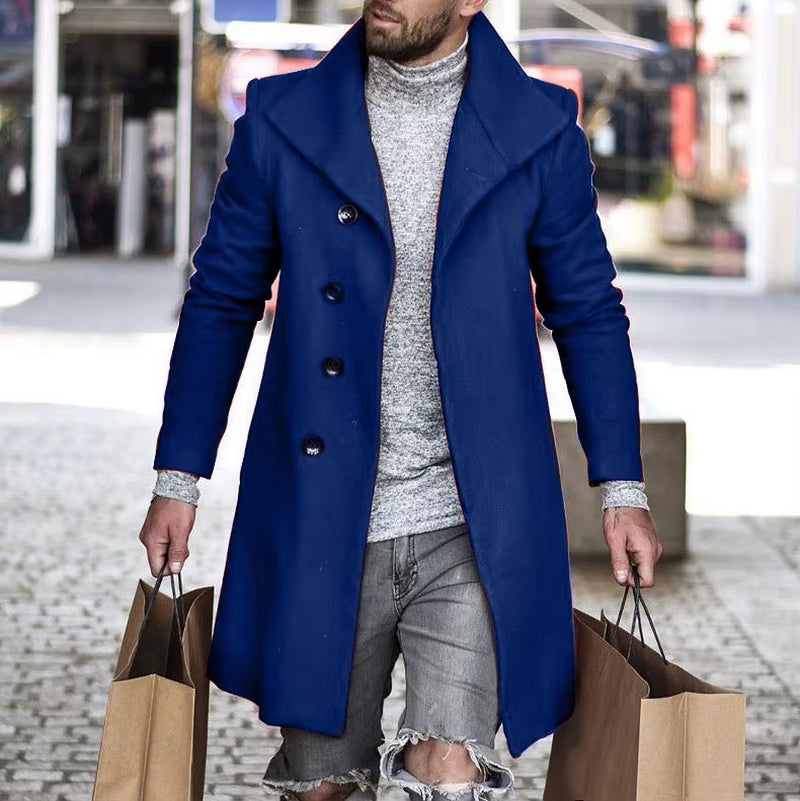 Men'S Long Wool Coat - Thickened Minimalist Trench with Stand Collar Urban Streetwear