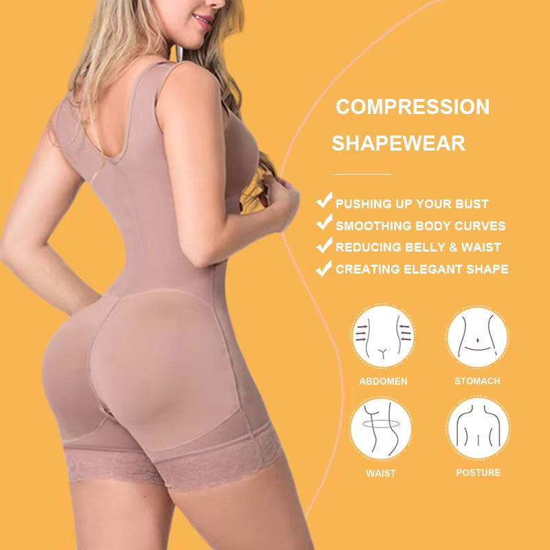 High Compression Full Body Shapewear with Hook and Eye Front Closure Shaper Adjustable Bra Slimming Bodysuit Fajas Colombianas