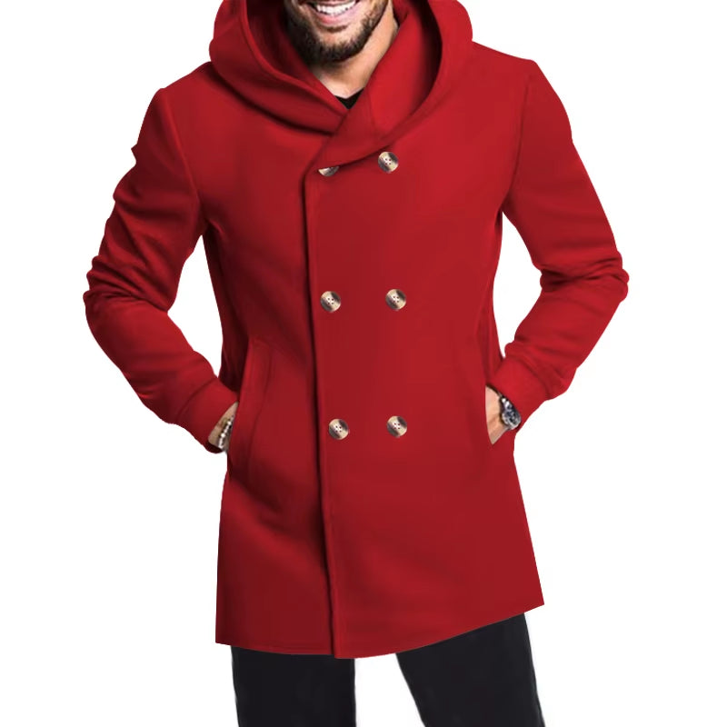 2024 New Korean Men'S Trench Coat Long Spring and Autumn Windproof Warm Casual Fashion Solid Color Hooded Coat