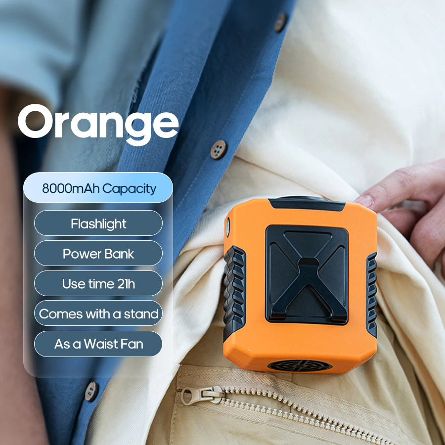 Mini 8000Mah Travel Wearable Waist Fan Camping Outdoor Rechargeable Cooling Fan with Night Light and Power Bank Air Circulator