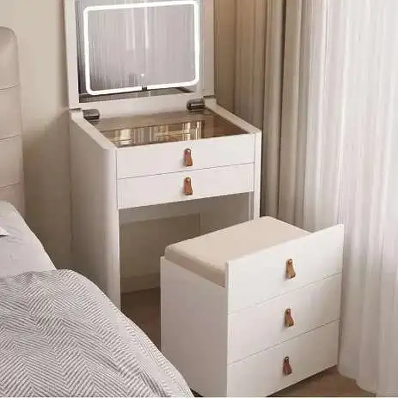 Modern Dressing Table Set with Flip Top 3 Lighting Color Mirror Nightstands White Makeup Table Vanity Desk with Internal Storage