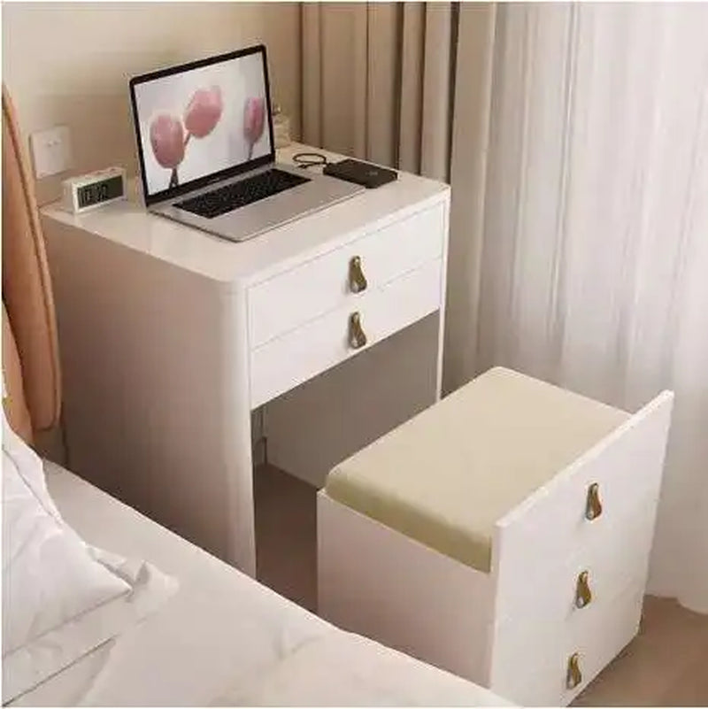 Modern Dressing Table Set with Flip Top 3 Lighting Color Mirror Nightstands White Makeup Table Vanity Desk with Internal Storage
