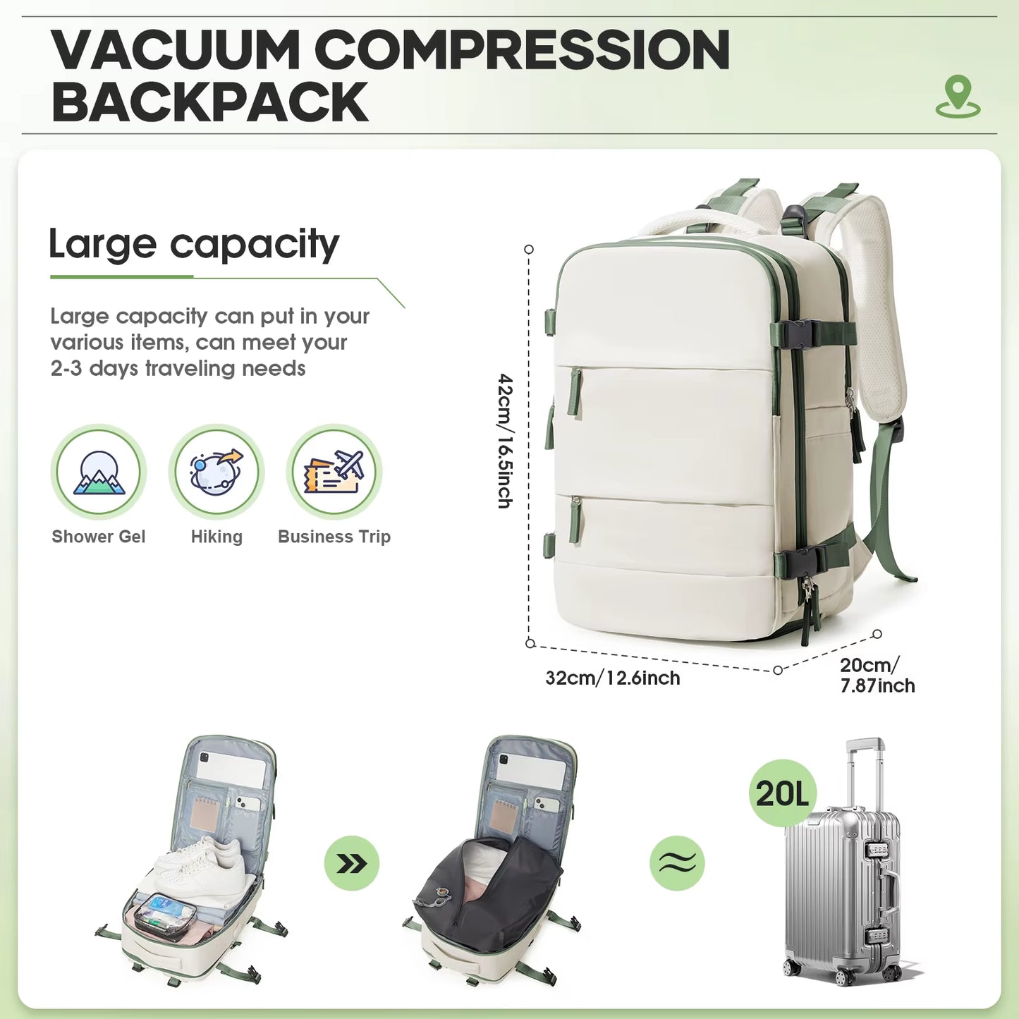 Large Travel Backpack Storage Vacuum Compression Bags with Pump, Waterproof Vacpack Backpack Women Men Business Vacuum Backpack