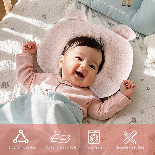 Portable Baby Pillow, Adjustable Cute Cartoon Bear Soft and Cozy Pillow, Ergonomic Design Soft Hypoallergenic Pillows for Newborn Babies Sleeping Prevent Flat Head