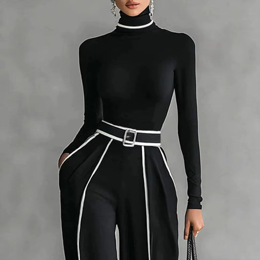 Autumn Striped Print Patchwork Woman Overalls Elegant High Neck Slim Top Pullover & Wide Leg Trousers Suit Winter Outfit Suit