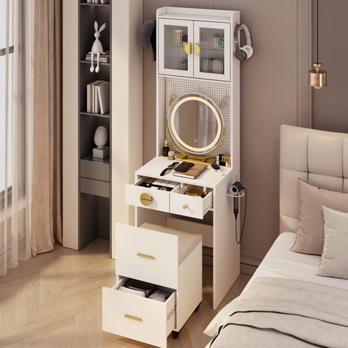 3 Draws 2 Doors 1LED3 Color Tone Light Touch Large round Mirror Dressing Table Set