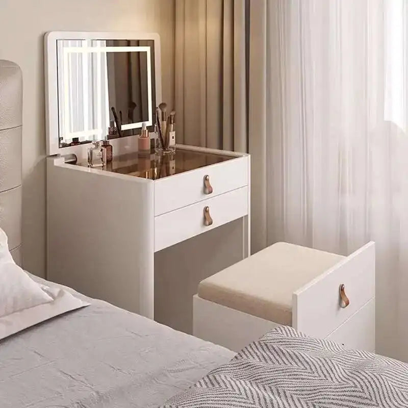 Modern Dressing Table Set with Flip Top 3 Lighting Color Mirror Nightstands White Makeup Table Vanity Desk with Internal Storage