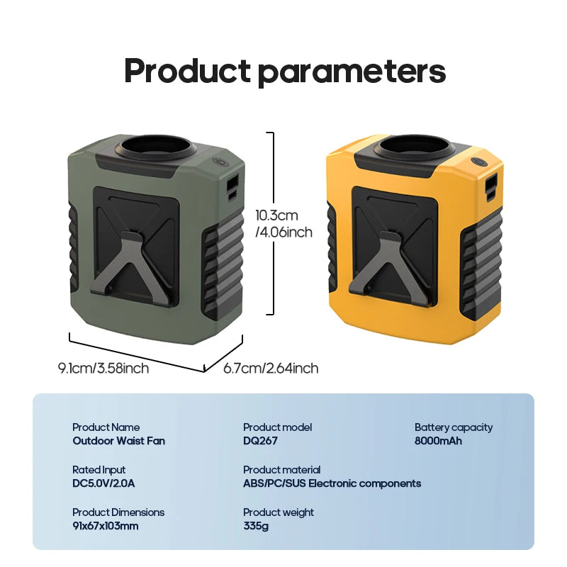 Mini 8000Mah Travel Wearable Waist Fan Camping Outdoor Rechargeable Cooling Fan with Night Light and Power Bank Air Circulator