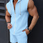 Summer Men'S New Fashion Hooded Sleeveless Solid Color Sun-Protective Clothing Tethered Shorts Muscle Sports Jacquard Set