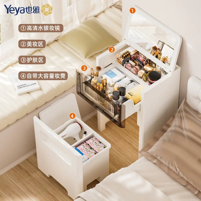 Dresser, Chest, Integrated Small Cosmetic Table, Bedroom Simple Flip Bay Window, Bedside Storage Cabinet, Cream Wind