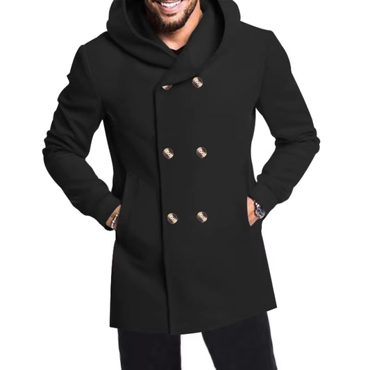2024 New Korean Men'S Trench Coat Long Spring and Autumn Windproof Warm Casual Fashion Solid Color Hooded Coat