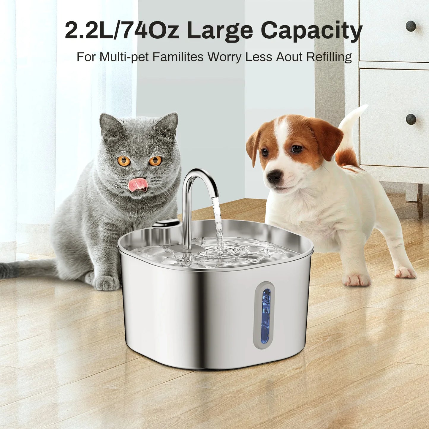 2.2L Automatic Cat Water Fountain Square Stainless Steel Pet Water Feeder Dog Water Fountain with Window（No 5V 1A Plug）