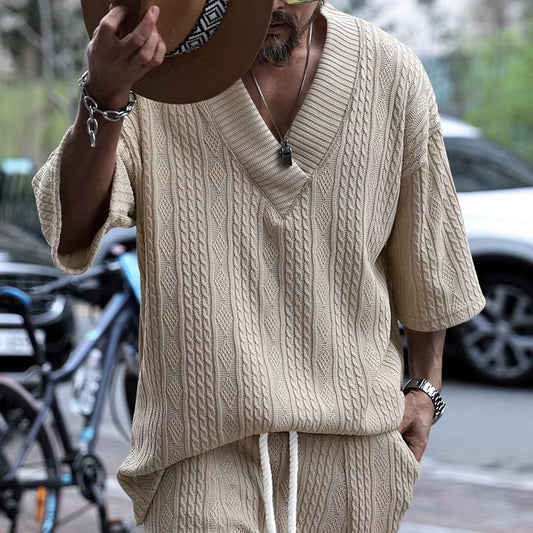 Men'S Summer American-Style Knitted Sweater Loose Perforated Jacquard V-Neck Short-Sleeved Casual Knitwear