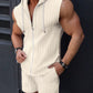 Summer Men'S New Fashion Hooded Sleeveless Solid Color Sun-Protective Clothing Tethered Shorts Muscle Sports Jacquard Set