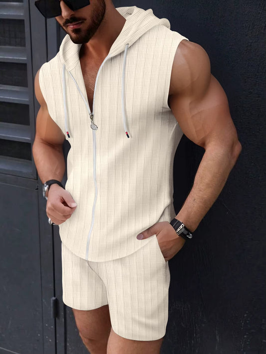 Summer Men'S New Fashion Hooded Sleeveless Solid Color Sun-Protective Clothing Tethered Shorts Muscle Sports Jacquard Set