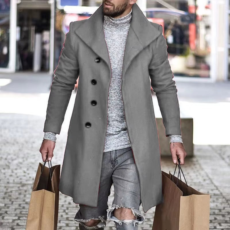 Men'S Long Wool Coat - Thickened Minimalist Trench with Stand Collar Urban Streetwear