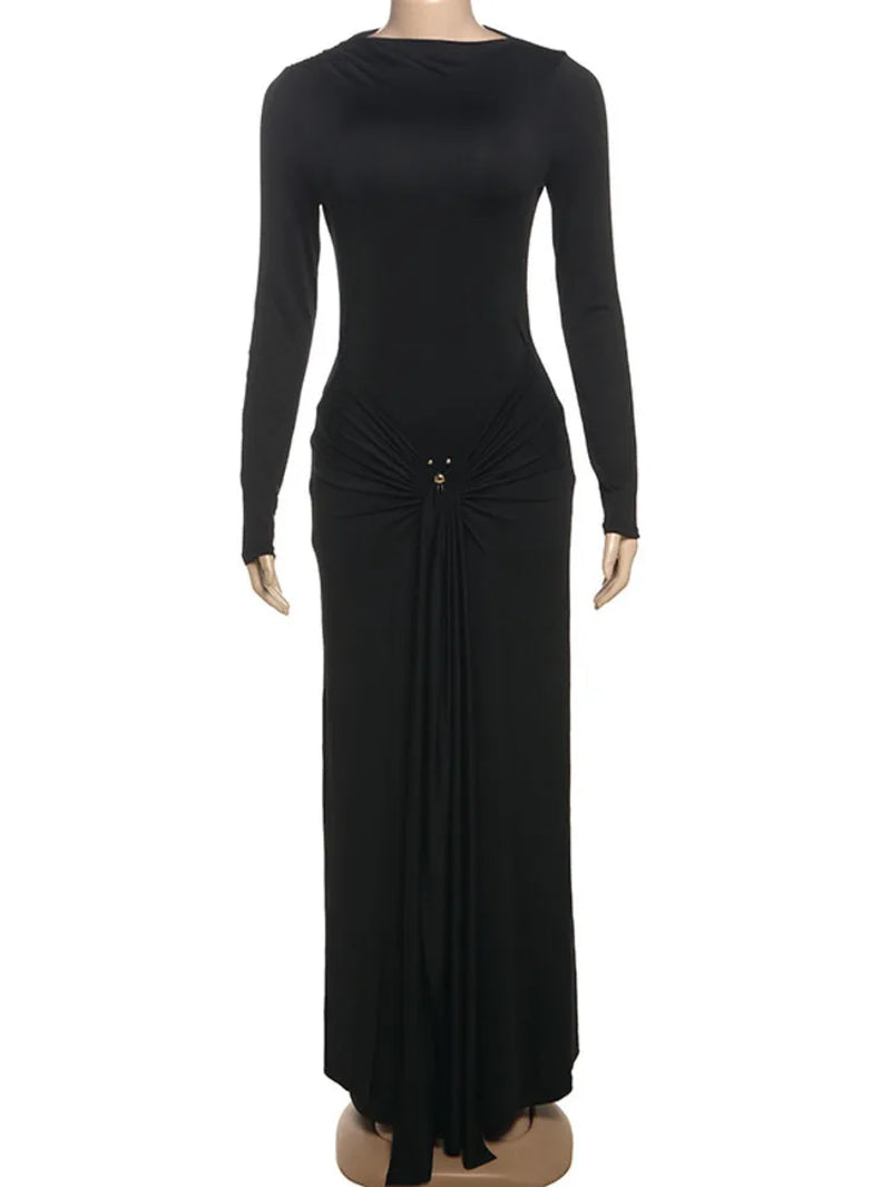 Elegant Long Sleeve Ruched Sexy Maxi Dress Women Gown Autumn Fashion Draped Bodycon Long Dresses Female Clothing