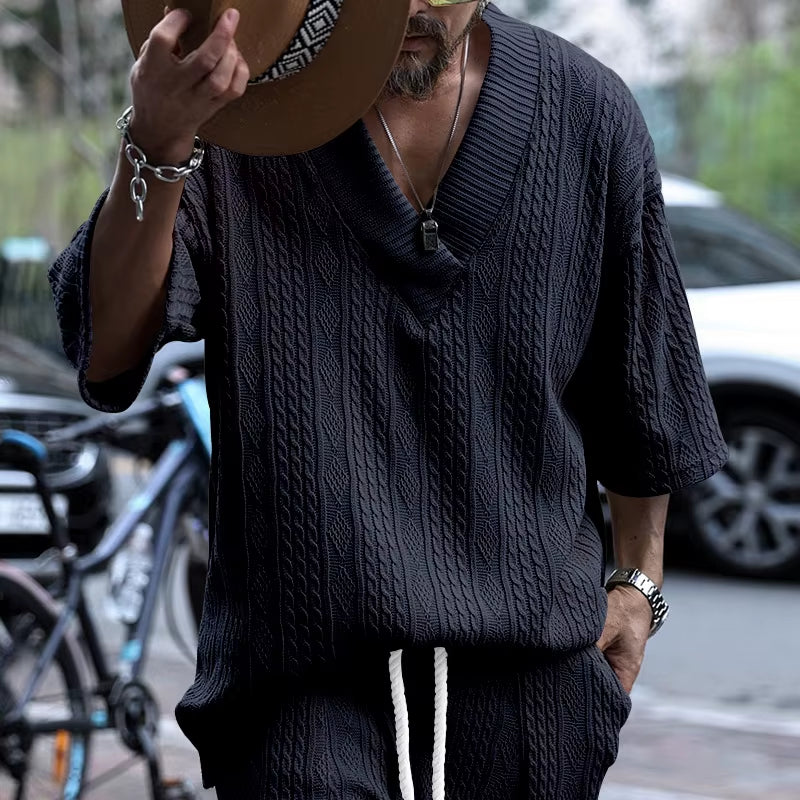 Men'S Summer American-Style Knitted Sweater Loose Perforated Jacquard V-Neck Short-Sleeved Casual Knitwear