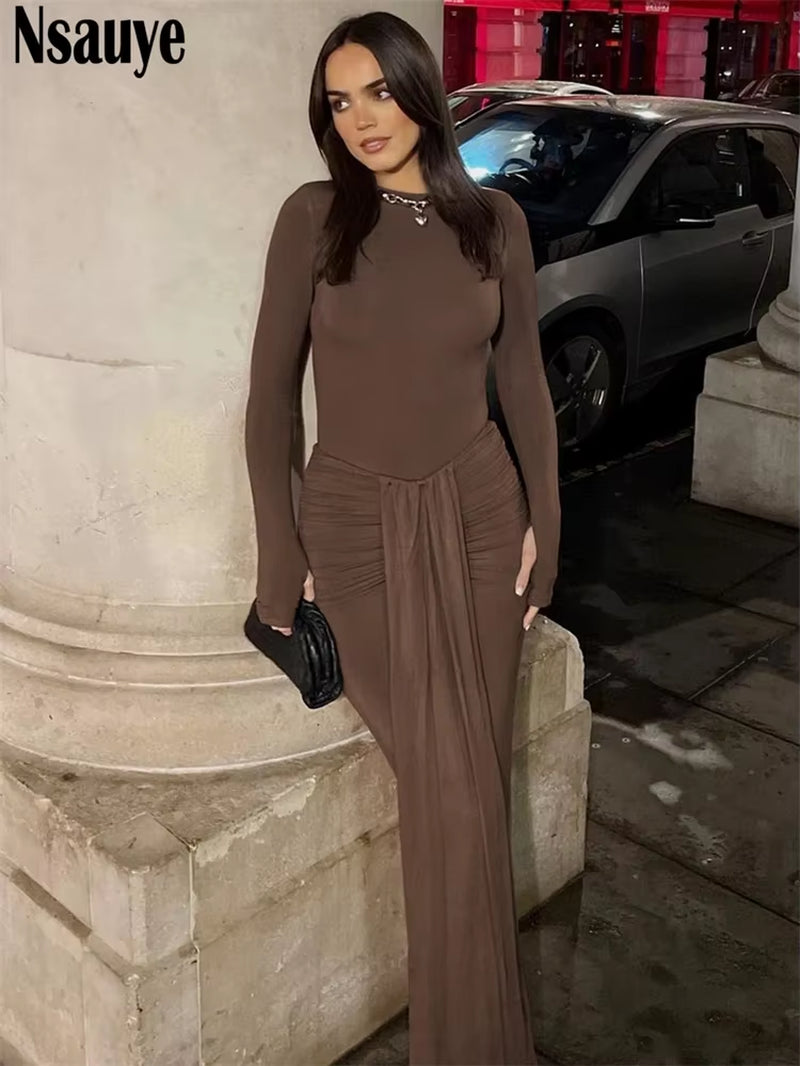 Casual Winter Dress Women Sexy Bandage Chic Fashion Ruched High Waisted Long Sleeve Wrap Night Club Elegant Party Dress