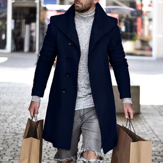 Men'S Long Wool Coat - Thickened Minimalist Trench with Stand Collar Urban Streetwear