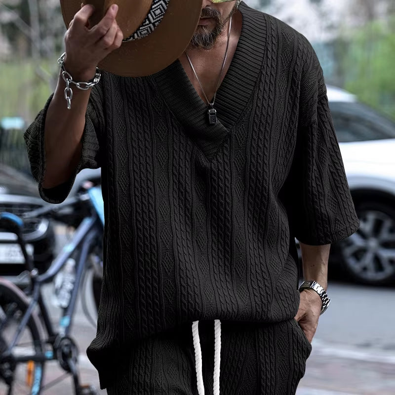 Men'S Summer American-Style Knitted Sweater Loose Perforated Jacquard V-Neck Short-Sleeved Casual Knitwear