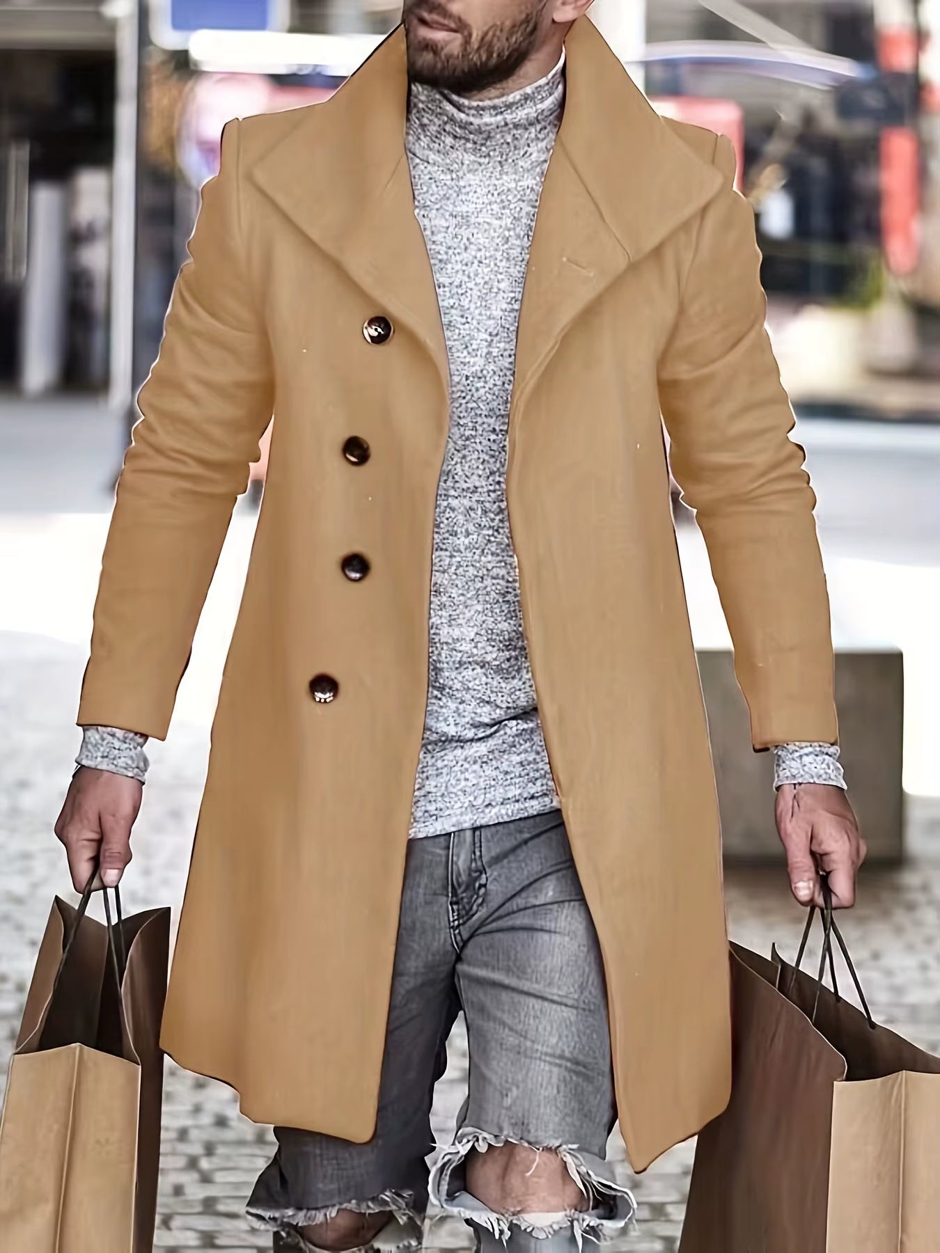 Men'S Long Wool Coat - Thickened Minimalist Trench with Stand Collar Urban Streetwear