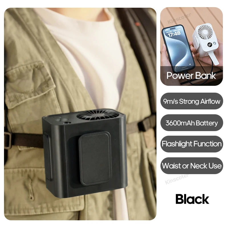 Mini 8000Mah Travel Wearable Waist Fan Camping Outdoor Rechargeable Cooling Fan with Night Light and Power Bank Air Circulator