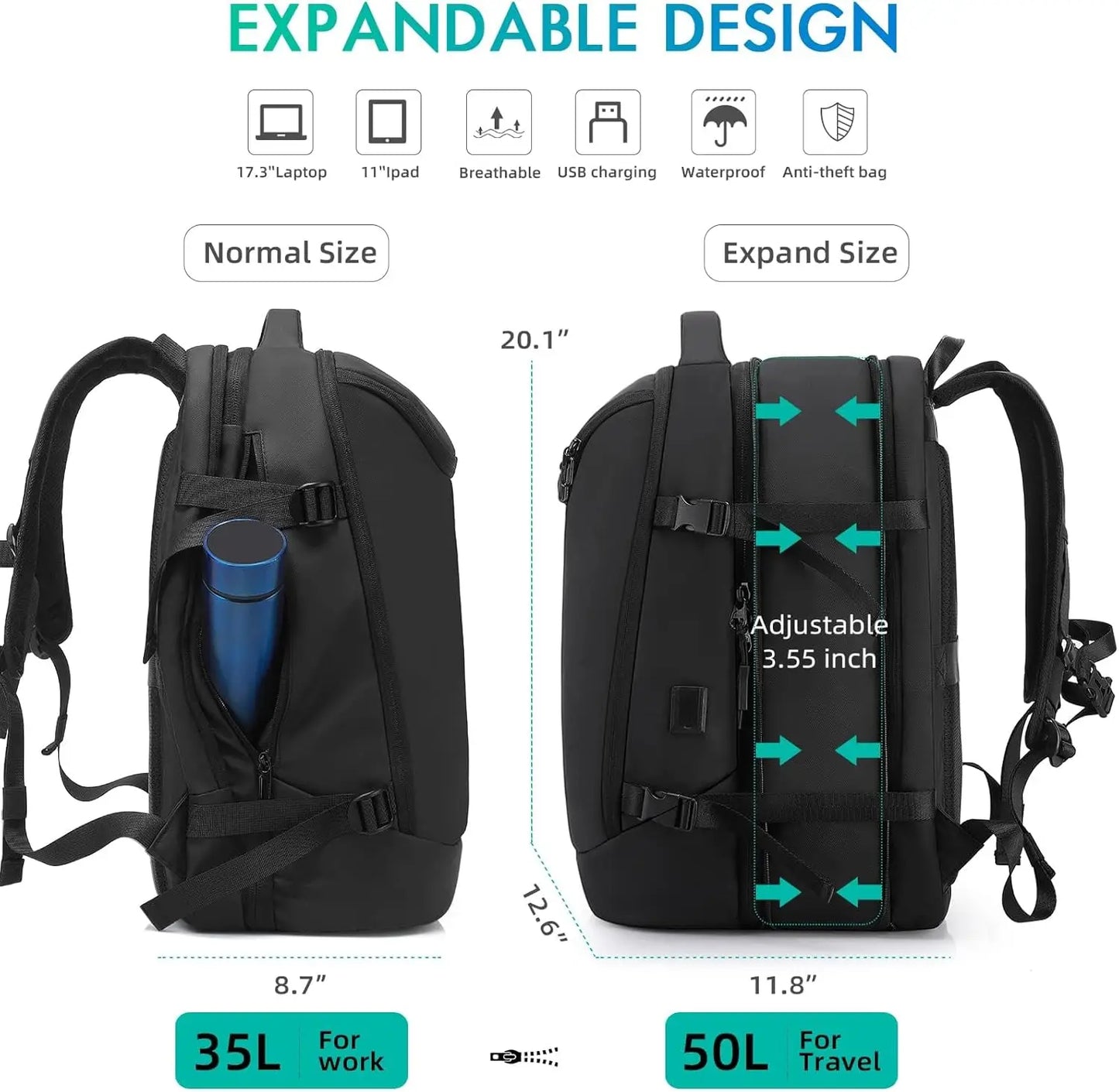 2025 Vacuum Compression Backpack for Travel 50L Travel Backpack with Vacuum Seal,Expandable Backpacks with Pump for Airplanes