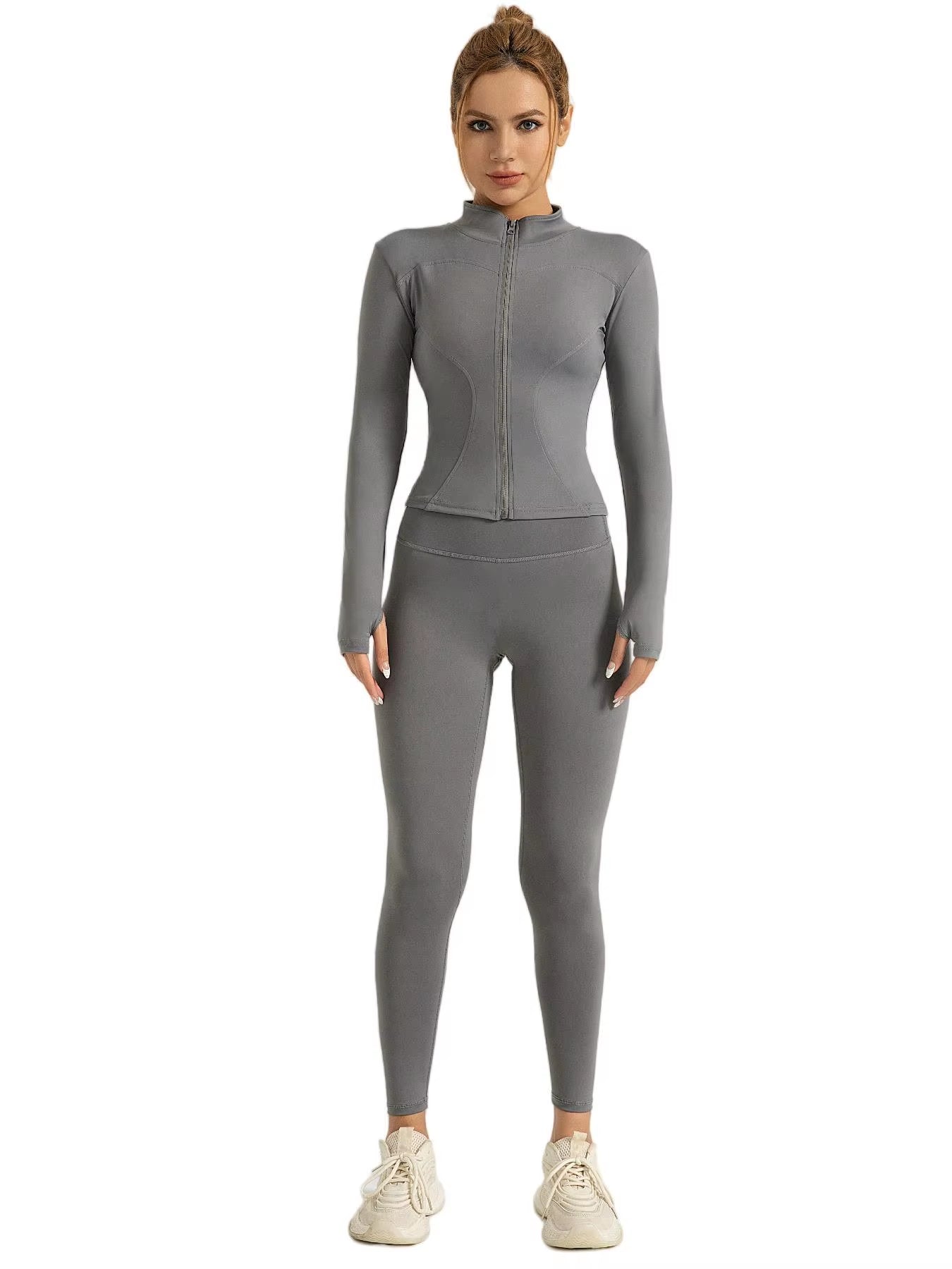 Two-Piece Set Women'S Solid Zip Upmock Neck Sports Jacket & Highwaist Leggings Set, Sportybreathable Quick Drying