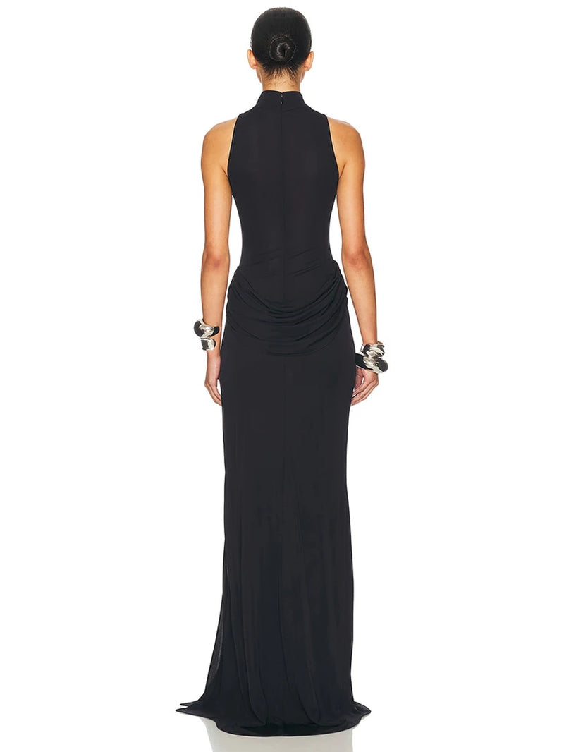 Turtleneck Off-Shoulder Sleeveless Thigh Split High Waist Pleated Maxi Dress for Women Elegant Fashion Club Party Dress