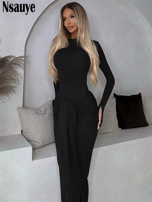 Casual Winter Dress Women Sexy Bandage Chic Fashion Ruched High Waisted Long Sleeve Wrap Night Club Elegant Party Dress